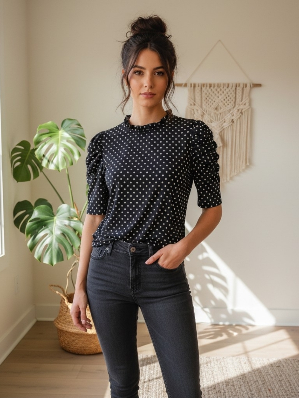 CeCe Ruched Polka‑Dot Puff Sleeve Top – Black & White Size Small